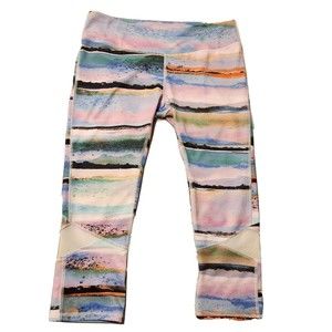 Apana Women's Large Pink Blue Watercolor Yoga Workout Leggings Cropped Capri